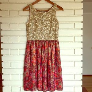 Anthropologie Gold Red Sequin Jacquard Dress